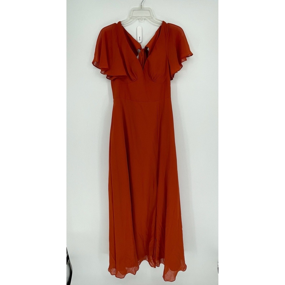 Azazie Women's Burnt Orange Flutter Sleeve Chiffon Gala Formal Maxi Dress Size 4